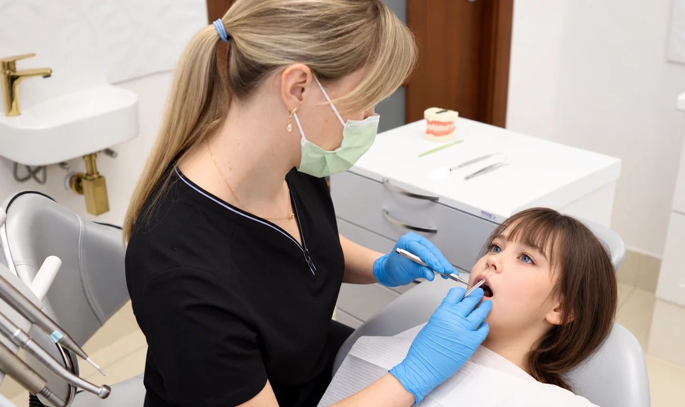 Lekarka LumiDent bada zęby młodej pacjentki w fotelu dentystycznym