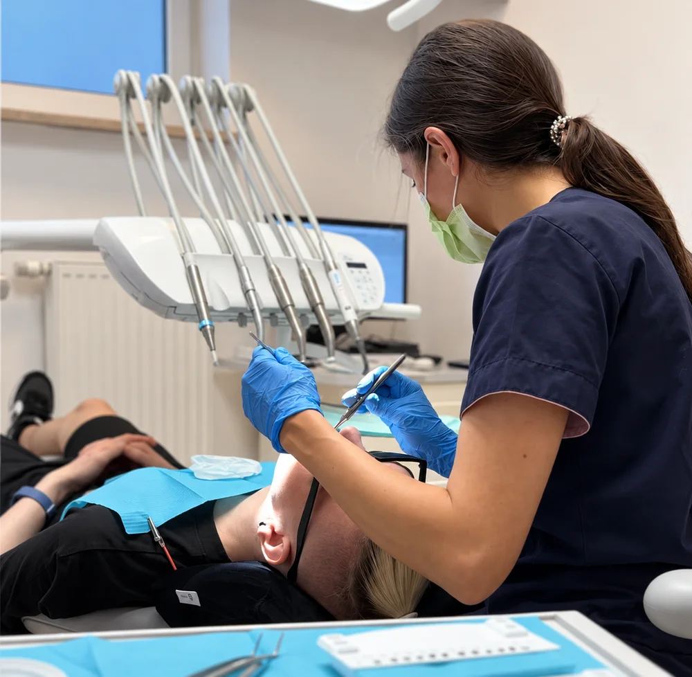 Lekarka LumiDent bada zęby i zgryz pacjentki w fotelu dentystycznym